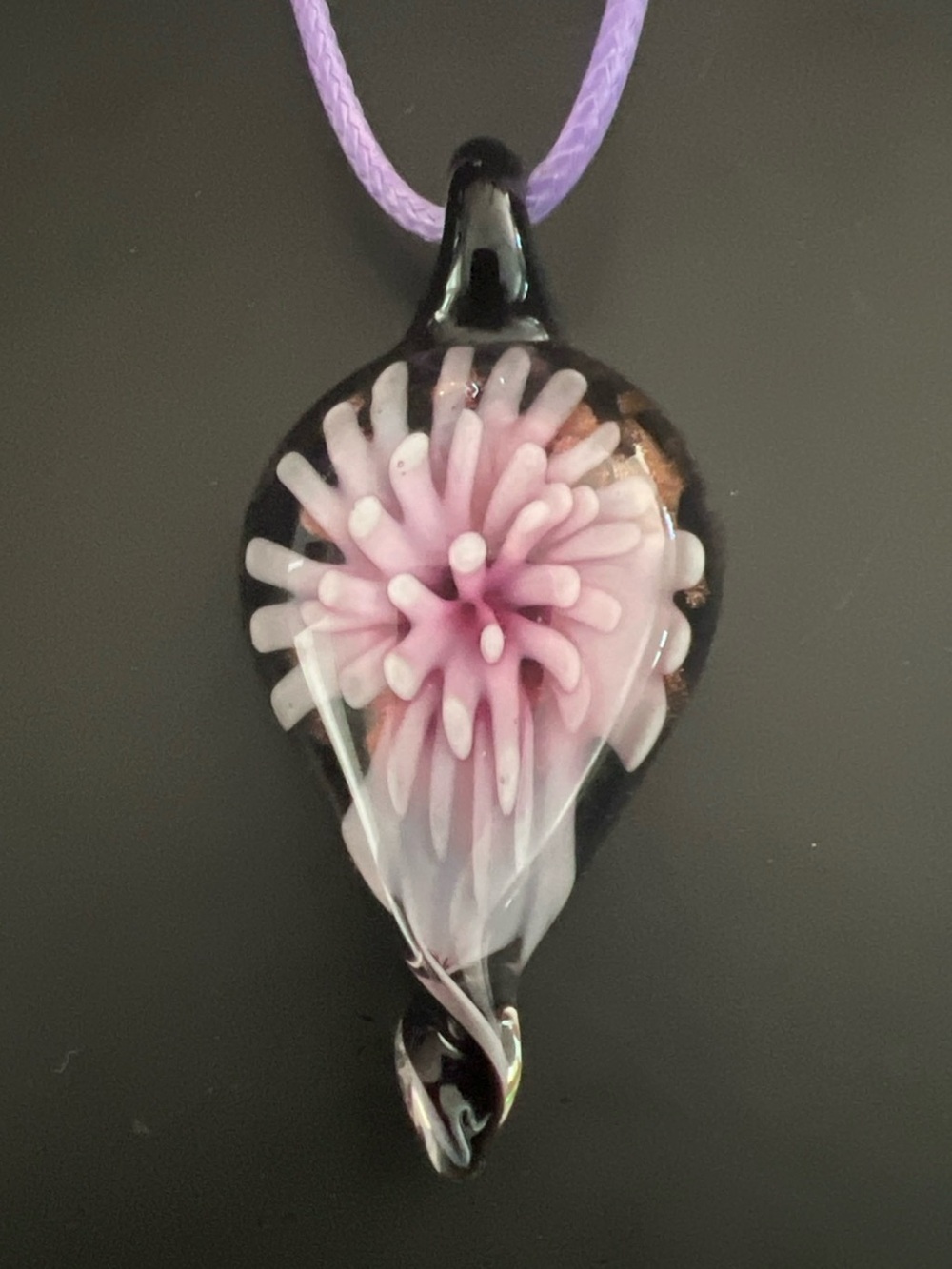 Lampwork Art Glass Purple Flower 2 1/4"L x 1"W Teardrop Pendant with Cord